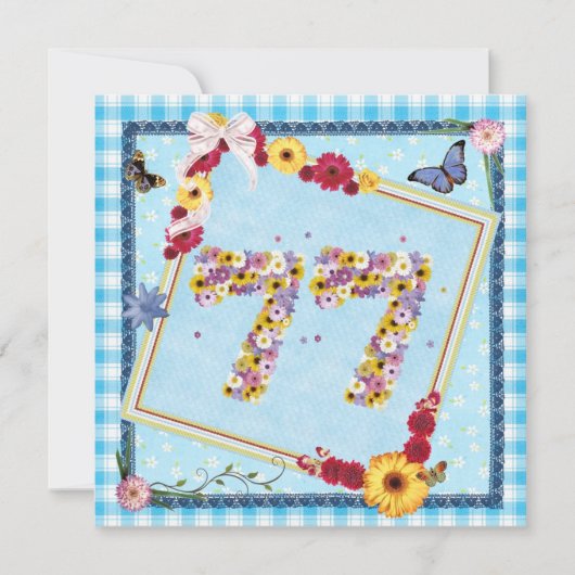 77e verjaardagsfeestje Uitnodiging bloemen, vlinde (Voorkant)