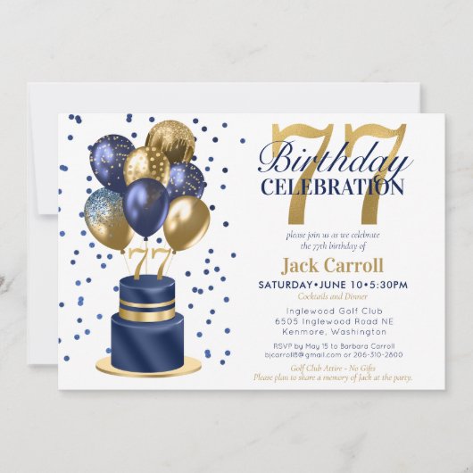 77ste verjaardag blauwe cake kaart (Voorkant)