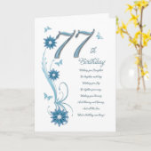 77ste verjaardag in blauwgroen met bloemen en vlin kaart (Gele Bloem)