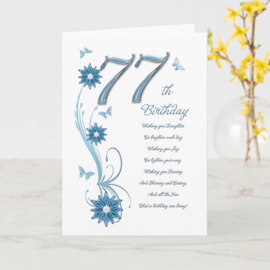 77ste verjaardag in blauwgroen met bloemen en vlin kaart (Gele Bloem)