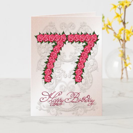 77ste verjaardagskaart met rozen en bladeren kaart (Gele Bloem)