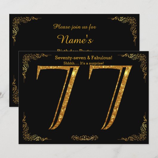 77th Birthday party, Gatsby styl, zwarte goudglitt Kaart (Voorkant / Achterkant)