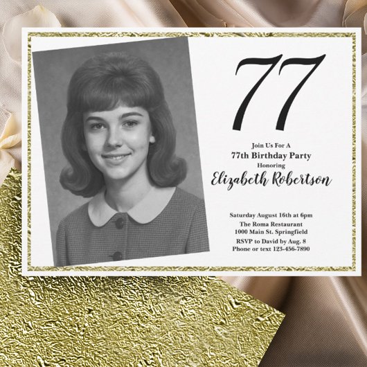 77th Custom Photo White and Gold Kaart