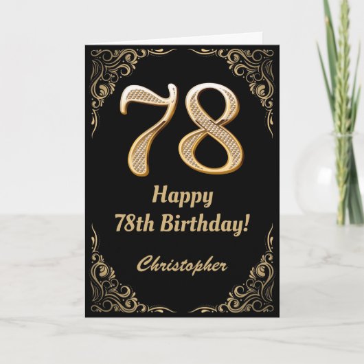 78e Birthday Black en Gold Glitter Lijst Kaart (Voorkant)