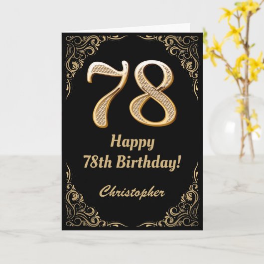 78e Birthday Black en Gold Glitter Lijst Kaart (Gele Bloem)