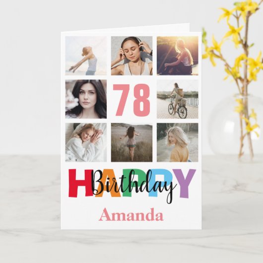 78e Gelukkige Verjaardag Fotocollage Moderne Roze  Kaart (Gele Bloem)