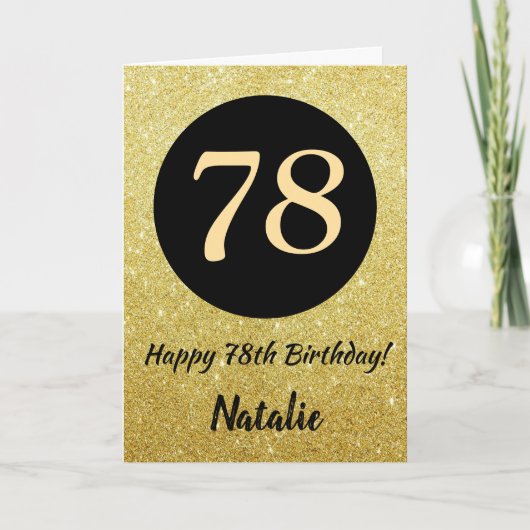78e Happy Birthday Zwart en Goud Glitter Kaart (Voorkant)