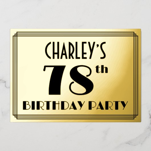78e verjaardag — Art Deco look "78" + naam Folie Uitnodiging (Voorkant)