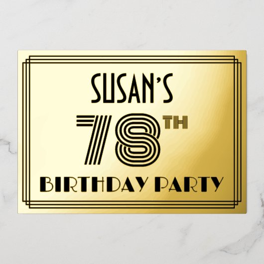 78e verjaardag — Art Deco Style "78" en naam Folie Uitnodiging (Voorkant)