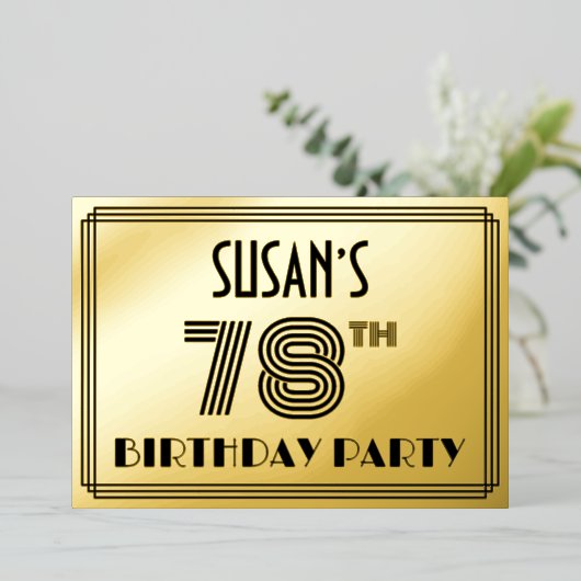 78e verjaardag — Art Deco Style "78" en naam Folie Uitnodiging (Staand Voorkant)