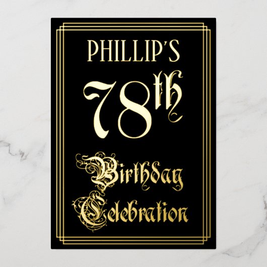78e verjaardag — Fancy script en aangepaste naam Folie Uitnodiging (Voorkant)