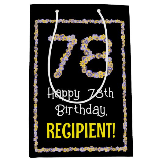 78e verjaardag: Floral Flowers Number, Custom Name Medium Cadeauzakje (Voorkant)