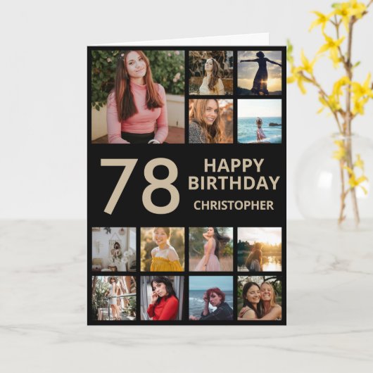78e verjaardag Foto Collage 13 Foto's zwart en gou Kaart (Gele Bloem)