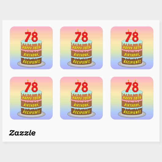 78e verjaardag: Fun Cake and Candles + Custom Name Vierkante Sticker (Vel)