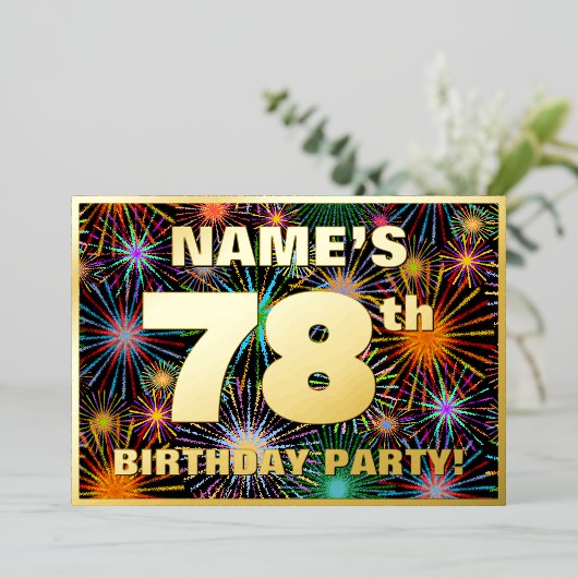 78e verjaardag — Fun, kleurrijke Fireworks look Folie Uitnodiging (Staand Voorkant)