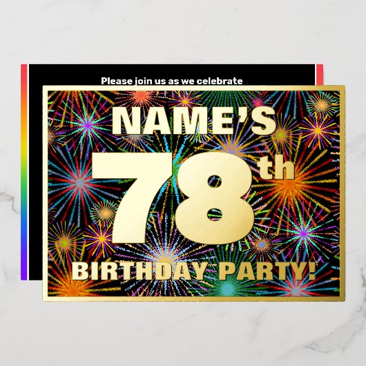 78e verjaardag — Fun, kleurrijke Fireworks look Folie Uitnodiging (Voorkant / Achterkant)
