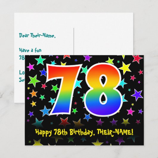 78e verjaardag: Fun Stars Pattern, Rainbow 78, naa Briefkaart (Voorkant / Achterkant)