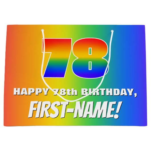 78e verjaardag: kleurrijk, vun regenboogpatroon # groot cadeauzakje (Voorkant)