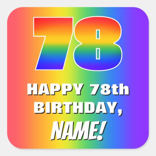 78e verjaardag: kleurrijk, vun regenboogpatroon #  vierkante sticker (Voorkant)