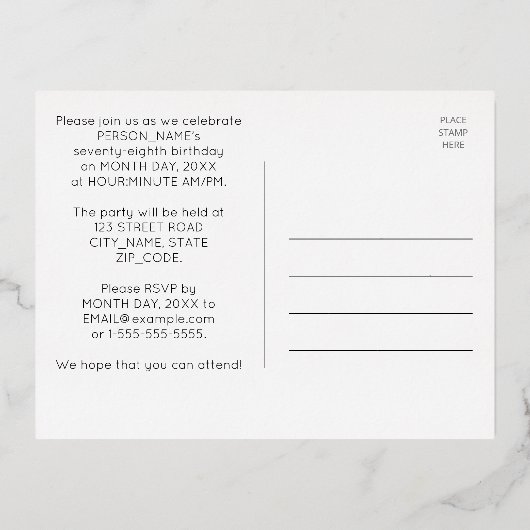 78e verjaardag partij ~ Art Deco Style "78" + naam Folie Uitnodiging Briefkaart (Achterkant)