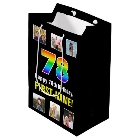 78e verjaardag: Regenboog "78", aangepaste foto's  Medium Cadeauzakje (Voorkant Gekanteld)