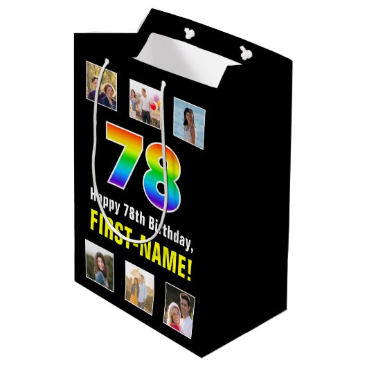 78e verjaardag: Regenboog "78", aangepaste foto's  Medium Cadeauzakje (Achterkant Gekanteld)