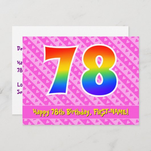 78e verjaardag: Roze strips en harten, regenboog 7 Briefkaart (Voorkant / Achterkant)