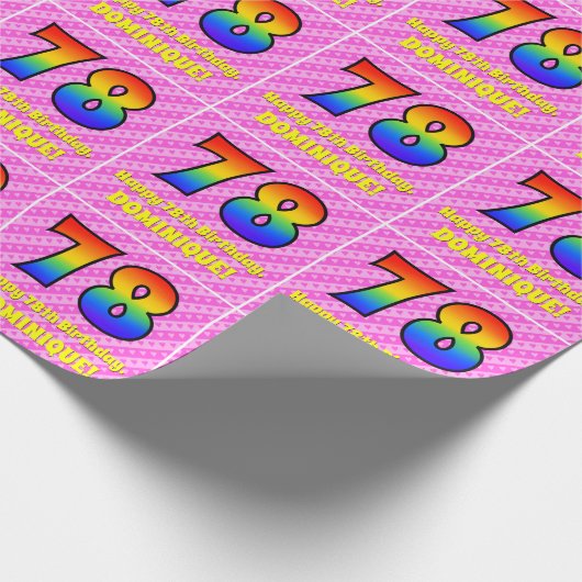 78e verjaardag: Roze strips & harten, regenboognr. Cadeaupapier (Hoek)