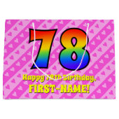 78e verjaardag: Roze strips & harten, regenboognr. Groot Cadeauzakje (Voorkant)