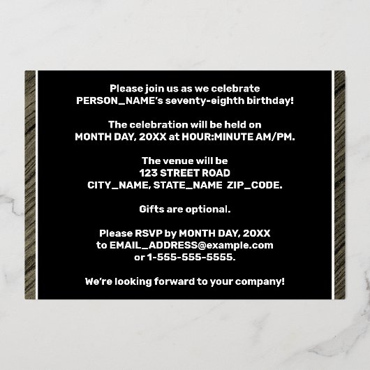 78e Verjaardagsfeest — Opvallende nep houtneringte Folie Uitnodiging (Achterkant)