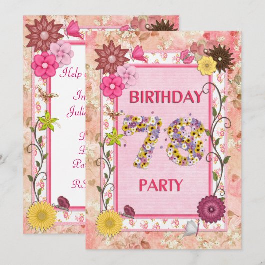 78e verjaardagsfeestje met bloemenfeest lijst kaart (Voorkant / Achterkant)