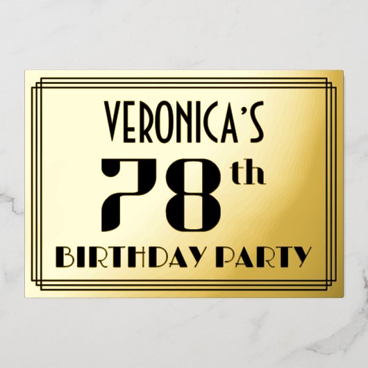 78ste verjaardag: Art Deco Kijk "78" en naam Folie Uitnodiging (Voorkant)