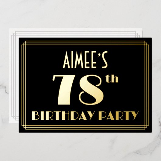 78ste verjaardag: Art Deco Kijk "78", met naam Folie Uitnodiging (Voorkant / Achterkant)