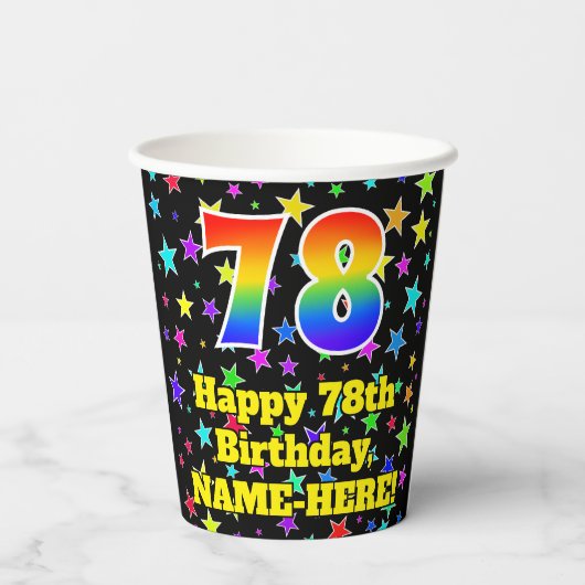 78ste verjaardag: Fun Stars Pattern en Rainbow 78 Papieren Bekers (Achterkant)