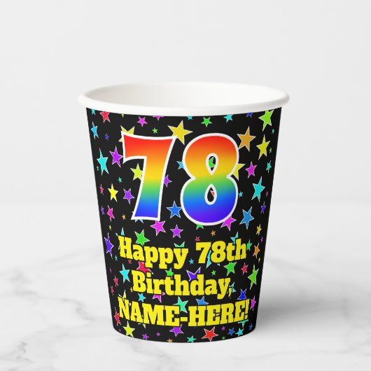 78ste verjaardag: Fun Stars Pattern en Rainbow 78 Papieren Bekers (Voorkant)