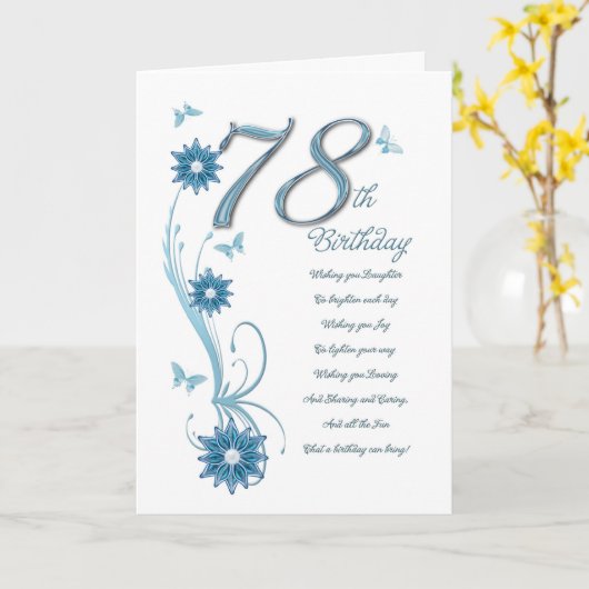 78ste verjaardag in blauwgroen met bloemen en vlin kaart (Gele Bloem)