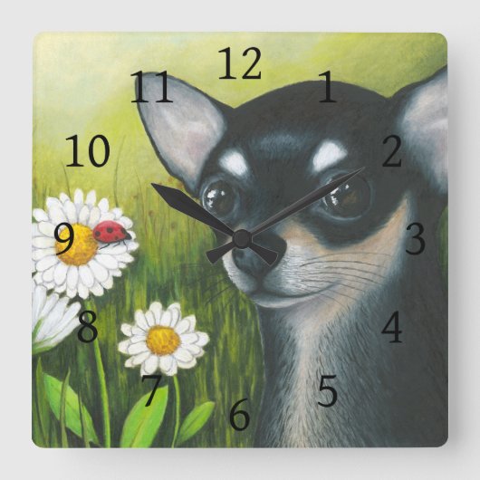 79 black Chihuahua Ladybug Vierkante Klok (Voorkant)