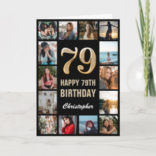 79e Happy Birthday Black en Gold Photo Collage Kaart