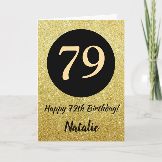 79e Happy Birthday Zwart en Goud Glitter Kaart (Voorkant)