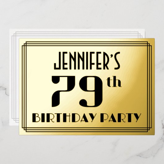 79e verjaardag: Art Deco Kijk "79" en naam Folie Uitnodiging (Voorkant / Achterkant)