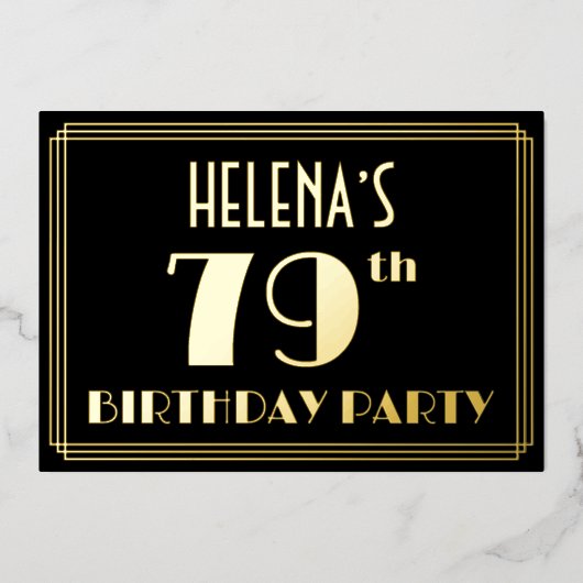 79e verjaardag: Art Deco Kijk "79", met naam Folie Uitnodiging (Voorkant)