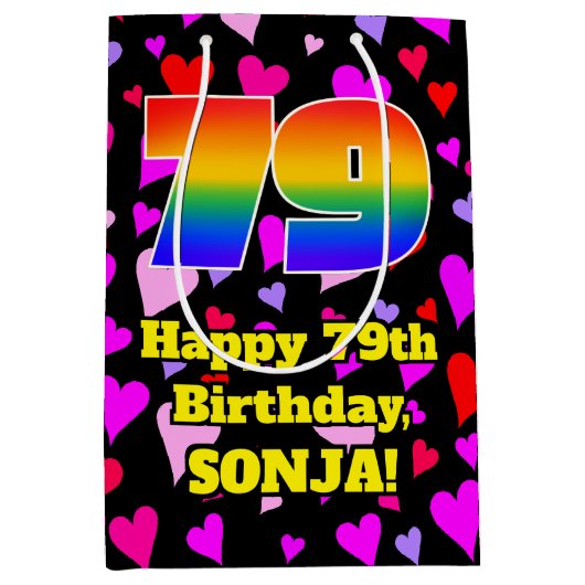 79e verjaardag: Beeldende harten Patroon, Regenboo Medium Cadeauzakje (Voorkant)