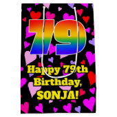 79e verjaardag: Beeldende harten Patroon, Regenboo Medium Cadeauzakje (Achterkant)