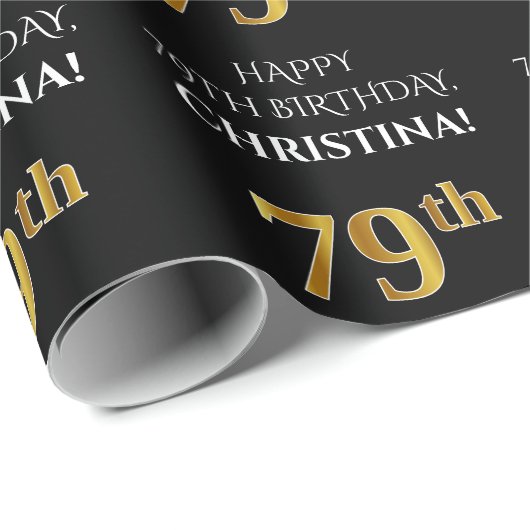 79e verjaardag: Elegant, zwart, Faux Gold look Cadeaupapier (Rol Hoek)