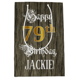 79e verjaardag: Faux Gold look & Faux Wood Pattern Medium Cadeauzakje