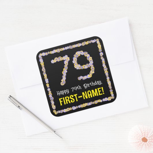 79e verjaardag: Floral Flowers Number, Custom Name Vierkante Sticker (Envelop)