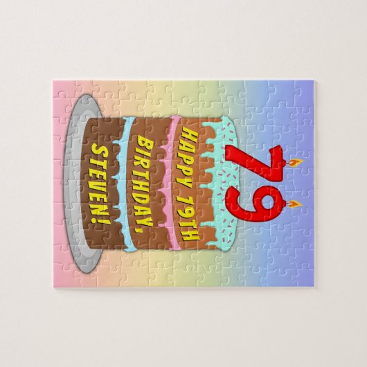 79e verjaardag: Fun Cake and Candles + Custom Name Legpuzzel (Horizontaal)