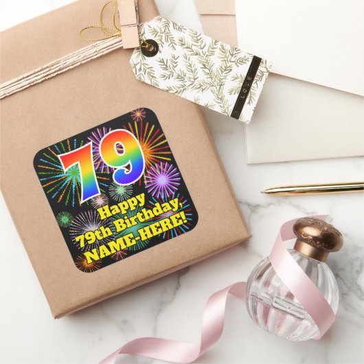 79e verjaardag: Fun Fireworks Kijk, regenboog # 79 Vierkante Sticker (Geschenken)