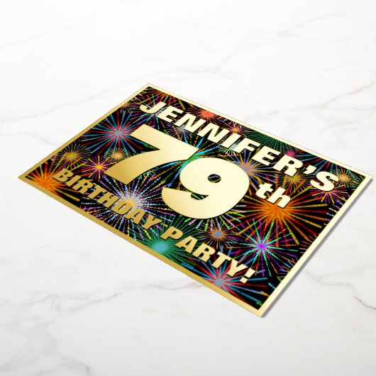 79e verjaardag — Fun, kleurrijke Fireworks look Folie Uitnodiging (Gedraaid)