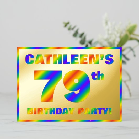 79e verjaardag - Fun, regenboogspectrum "79" Folie Uitnodiging (Staand Voorkant)
